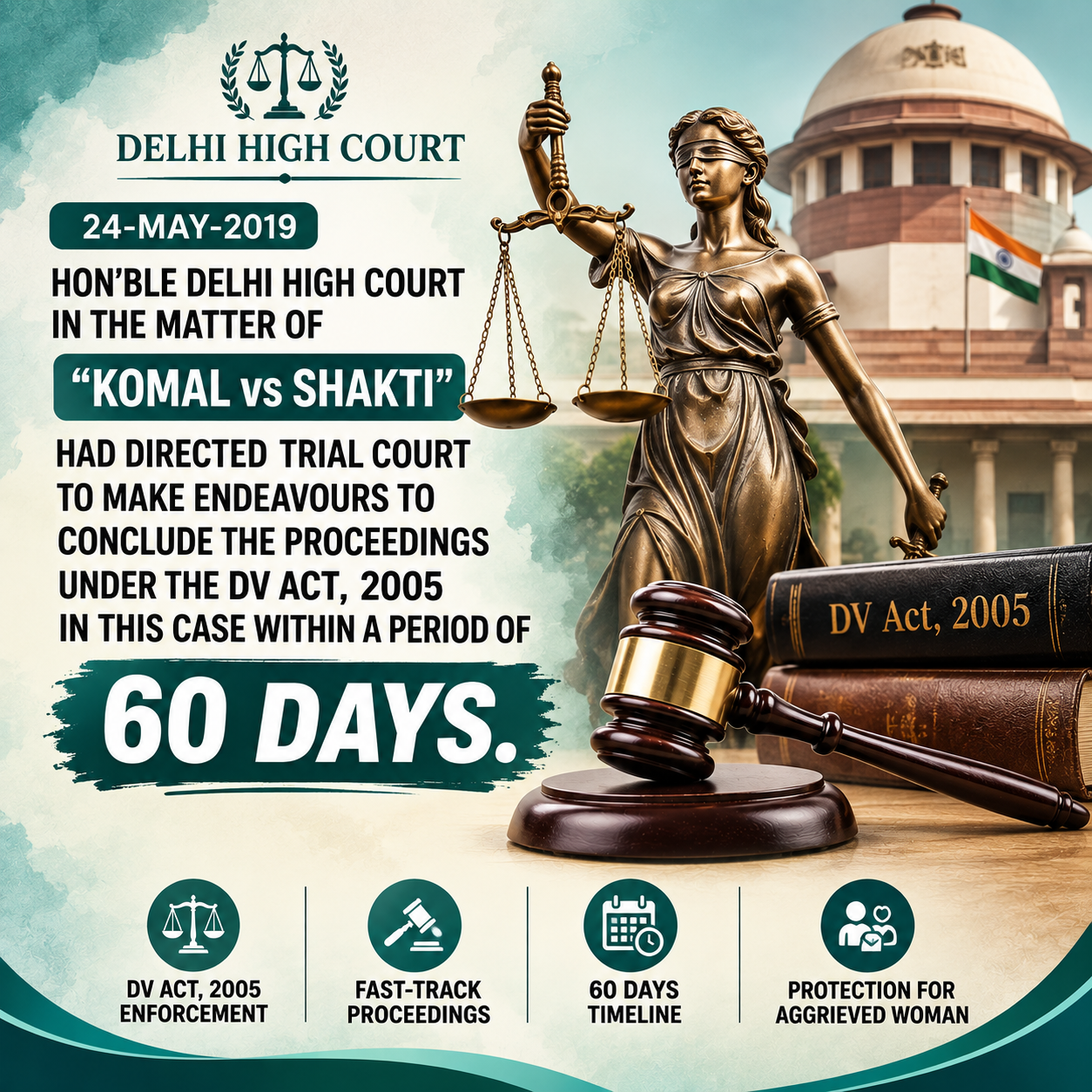 24-May-2019 Hon'ble Delhi High Court in the matter of "Komal vs Shakti" had directed trial court to make endeavours to conclude the proceedings under the DV Act, 2005 in this case within a period of 60 days...